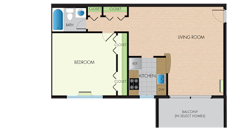 A floor plan of a house with a bedroom, living room, and kitchen.