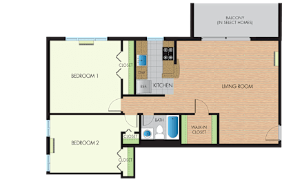 A floor plan of a home with two bedrooms, a living room, a kitchen, a bathroom, and a walk-in closet.