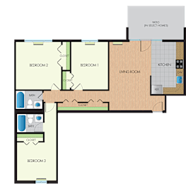 A floor plan of a house with three bedrooms, a living room, a kitchen, and a bathroom.