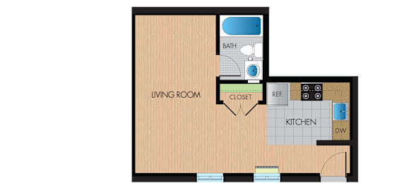A floor plan of a small apartment with a living room, kitchen, and bathroom.