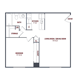 A floor plan of a small apartment with a bedroom, living room, kitchen, and bathroom.