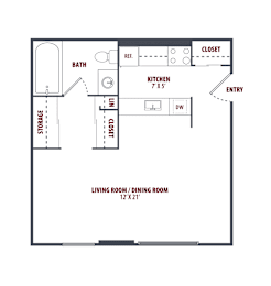 A floor plan of a small apartment with a living room, dining room, kitchen, and bathroom.