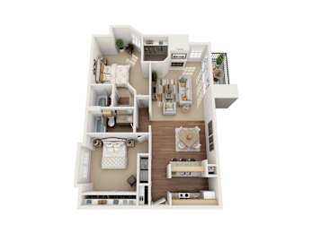 A 3D floor plan of a house with a kitchen, living room, and bedrooms.