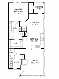 A floor plan of a house with a master bedroom, dining room, living room, kitchen, and bathroom.