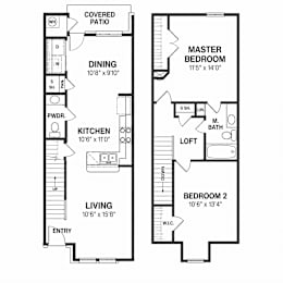 A floor plan of a home with a living room, dining room, kitchen, and two bedrooms.