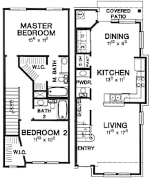 A floor plan of a house with a master bedroom, a dining area, a kitchen, and two bathrooms.