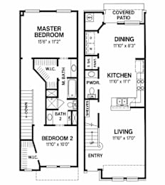 A black and white image of a house floor plan with a master bedroom, a dining area, a kitchen, a living room, and two bathrooms.