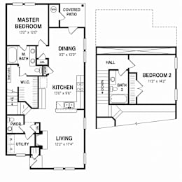 A floor plan of a two bedroom apartment with a living room, kitchen, and bathroom.