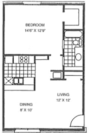 A floor plan of a small apartment with a bedroom, living room, and dining area.