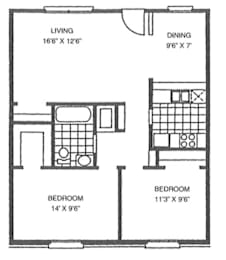 A black and white image of a floor plan for a small apartment.