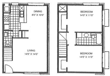 A floor plan shows a living area, dining area, and two bedrooms with their respective dimensions.