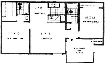 A floor plan of a house with a dining room, living room, and two bedrooms.