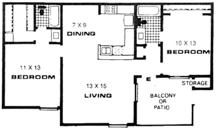 A floor plan of a house with a dining room, two bedrooms, a living room, a balcony or patio, and a storage area.
