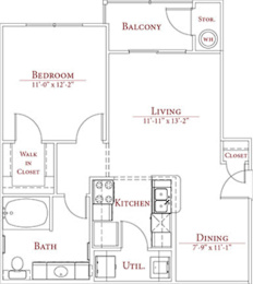 A floor plan of a small apartment with a bedroom, living room, kitchen, dining room, and bathroom.