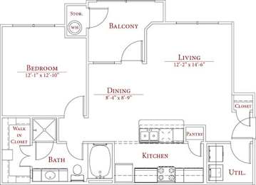A floor plan of a house with a living room, dining room, kitchen, bathroom, and bedroom.