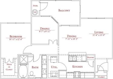 A floor plan of a house with a balcony, two dining areas, two living areas, two bedrooms, a bathroom, a kitchen, a pantry, a walk-in closet, and a utility space.