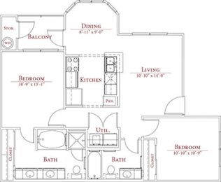 A floor plan of a house with a dining room, living room, kitchen, and two bedrooms.