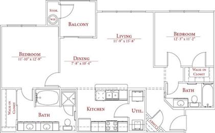 A floor plan of a house with a balcony, two bedrooms, a living room, a dining room, a kitchen, a bathroom, and a walk-in closet.