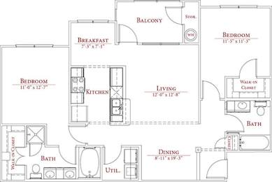 A floor plan of a house with a balcony, two bathrooms, a kitchen, a living room, a dining room, and two bedrooms.