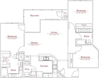 A floor plan of a house with three bedrooms, a living room, a dining room, a kitchen, a bath, a utility room, and a balcony.