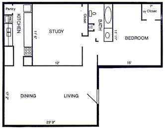 A floor plan of a small apartment with a kitchen, living room, and bedroom.