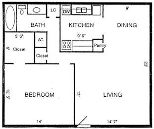 A floor plan of a small apartment with a bedroom, living room, kitchen, and bathroom.