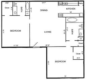 A black and white image of a floor plan for a small apartment.