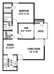 Floor Plan  A floor plan of a small apartment with a living room, kitchen, den, and bath.