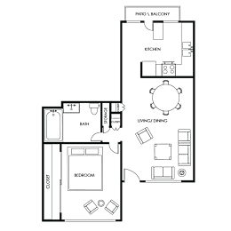 A floor plan of a house with a patio, balcony, kitchen, living/dining area, bath, and bedroom.
