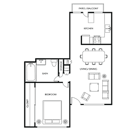 A floor plan of an apartment with a kitchen, living room, dining room, and bathroom.