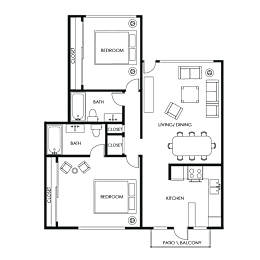 A floor plan of a house with two bedrooms, a living room, a kitchen, two bathrooms, and a patio.