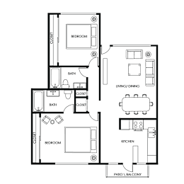 A floor plan of a house with two bedrooms, a living/dining area, a kitchen, and a pantry/balcony.
