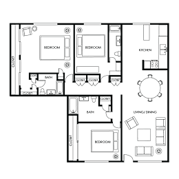 A floor plan of a house with two bedrooms, a bathroom, a kitchen, a living/dining area, and a closet.