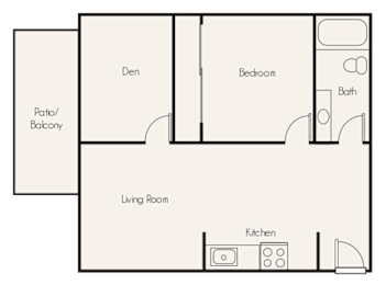 A floor plan of a house with a living room, kitchen, den, bedroom, and bathroom.