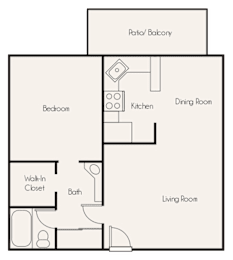 A floor plan of a house showing a living room, dining room, kitchen, bath, bedroom, and walk-in closet.