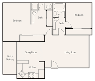 A floor plan of a house with two bedrooms, a living room, a dining room, a kitchen, and a patio/bakery.