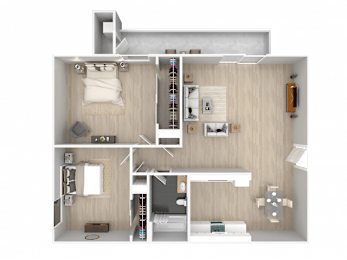 A 3D floor plan of a small apartment with a bedroom, living room, and kitchen.