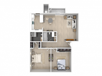 A top-down view of a house layout with a living room, kitchen, and two bedrooms.