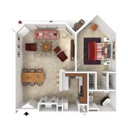 A top down view of a small apartment with a kitchen, living room, and bedroom.