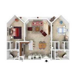 A top down view of a house interior with a kitchen, living room, and bedrooms.