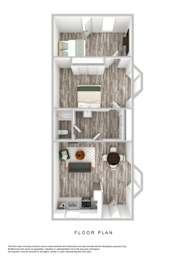 A floor plan of a small apartment with a kitchen, living room, and bedroom.