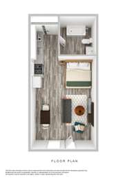 A floor plan of a bedroom with a bed, dresser, and nightstand.