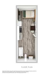 A floor plan of a bathroom with a toilet, sink, and shower.