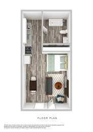 A floor plan of a room with a kitchen area, a living room, and a bathroom.