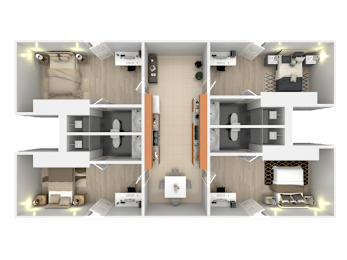 A 3D floor plan of a house with two bedrooms, a living room, a kitchen, and a bathroom.