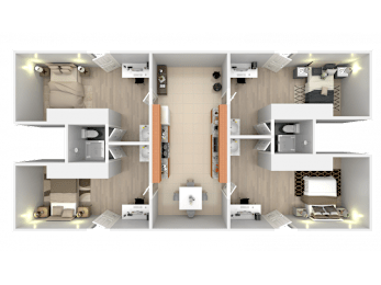 A 3D floor plan of a house showing a kitchen, living room, dining room, and two bedrooms.