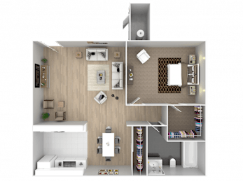 A 3D floor plan of a small apartment with a kitchen, living room, and bedroom.