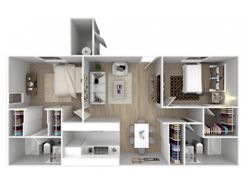 A 3D floor plan of a house with a kitchen, living room, and bedrooms.