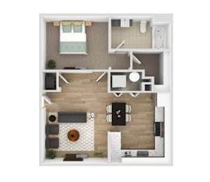 A top-down view of a modern apartment layout with a kitchen, living room, and bathroom.