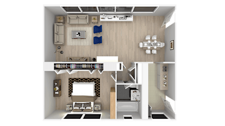 A 3D rendered image of a small apartment layout.